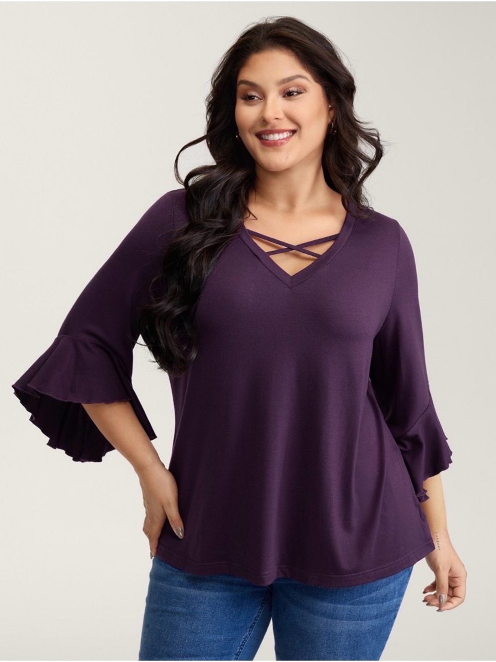 Supersoft Crisscross V-Neck Ruffle Sleeve Top in Eggplant